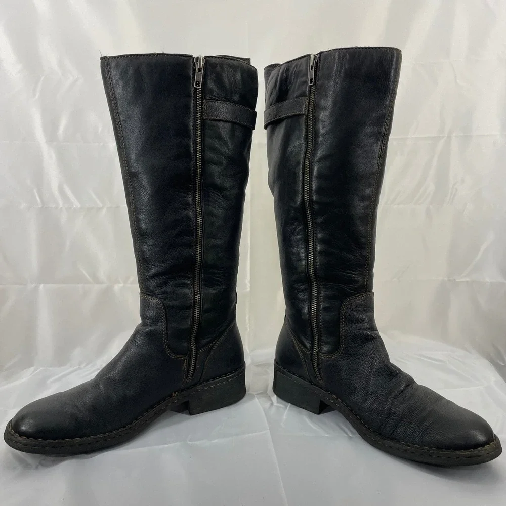 Born Size 10 Tall Riding Boots Black Leather Side Zip Buckle W3189 Women